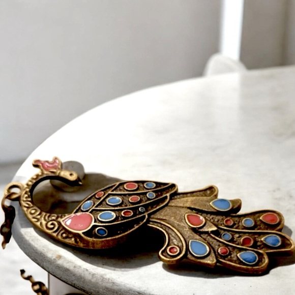 Peacock Bronze Alloy, Red, & Blue Necklace With Lobster Clasp - Picture 3 of 4